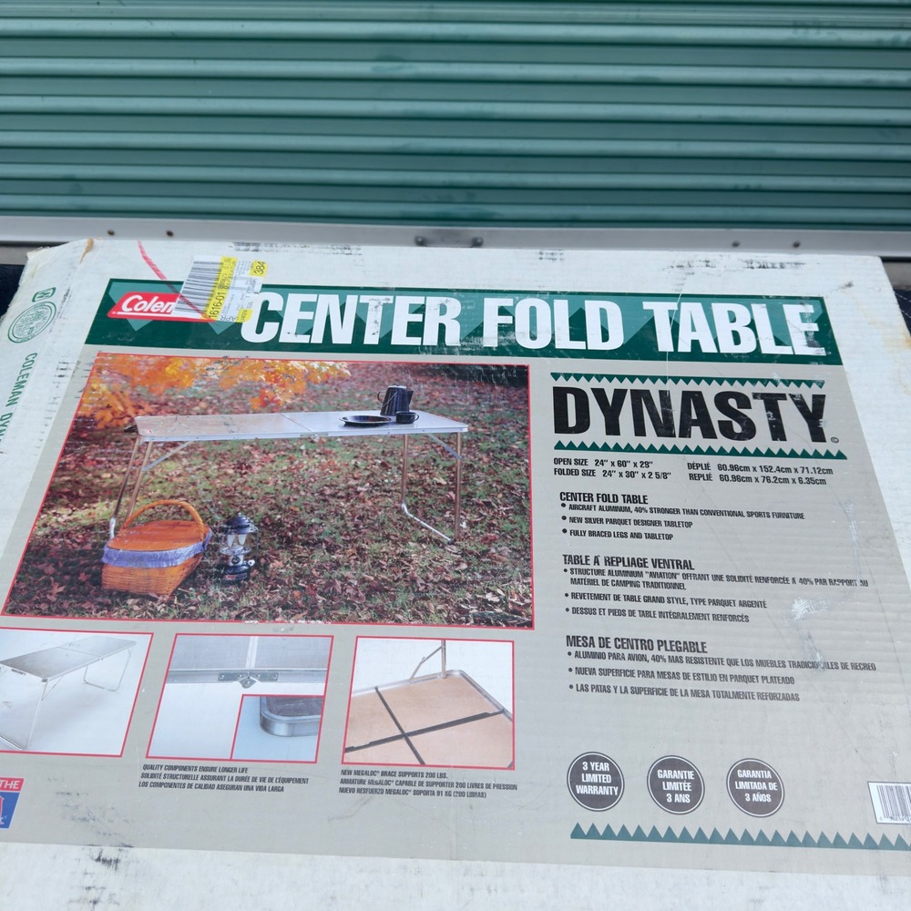 VTG Coleman Dynasty Center Fold Table Aircraft Aluminum Silver Parquet 24x60x28